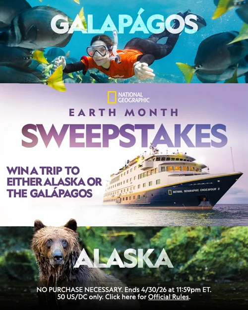 A promotional poster for a sweepstakes to win a trip to either Alaska or the Galapagos Islands. A promotional poster for a sweepstakes to win a trip to either Alaska or the Galapagos Islands.