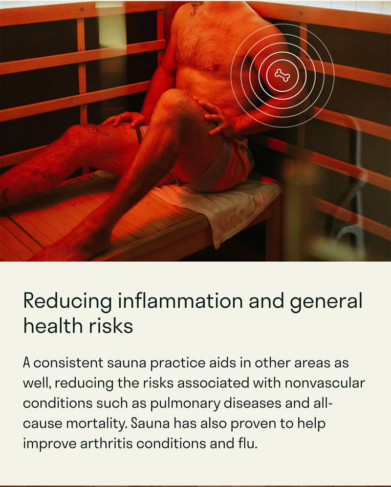 Sauna helps outside of the circulatory system as well, reducing in the risks associated with nonvascular conditions such as pulmonary diseases and all-cause mortality. Sauna has also been shown to help improve arthritis conditions and flu.