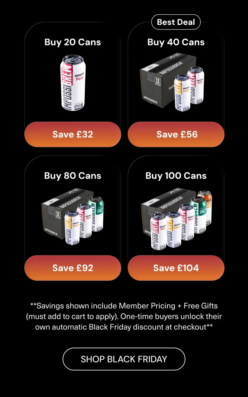 Buy 20 cans → Save up to £32.  Buy 40 cans → Save up to £56. Buy 80 cans → Save up to £92. Buy 100 cans → Save up to £104. **Savings shown include Member Pricing + Free Gifts (must add to cart to apply). One-time buyers unlock their own automatic Black Friday discount at checkout** Shop Black Friday