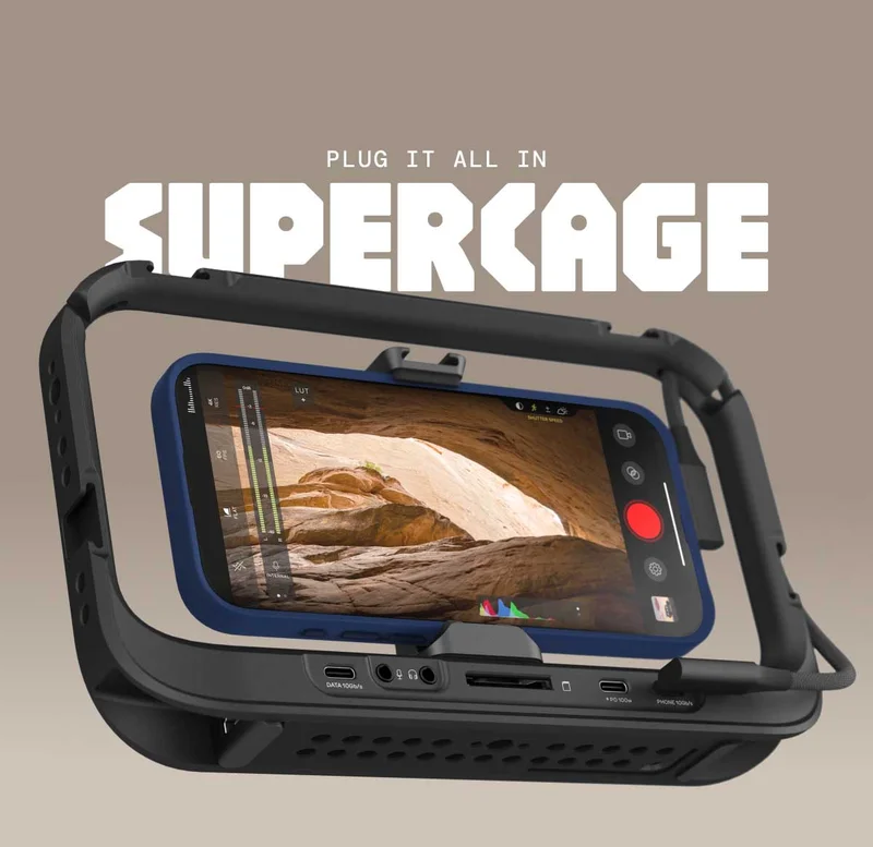 Image of the new Supercage from Moment with an iPhone shooting beautiful footage. Text reads - Plug it all in Supercage