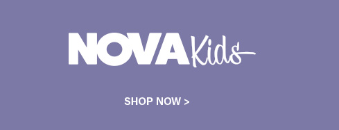 White 'NOVA Kids' logo in bold and script on a purple background, with a 'SHOP NOW' button. Explore trendy children's fashion.