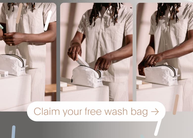 Washbag imagery with model putting toothbrush into washbag
