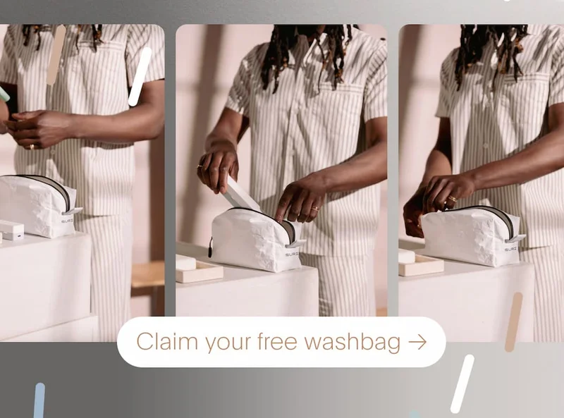 Washbag imagery with model putting toothbrush into washbag