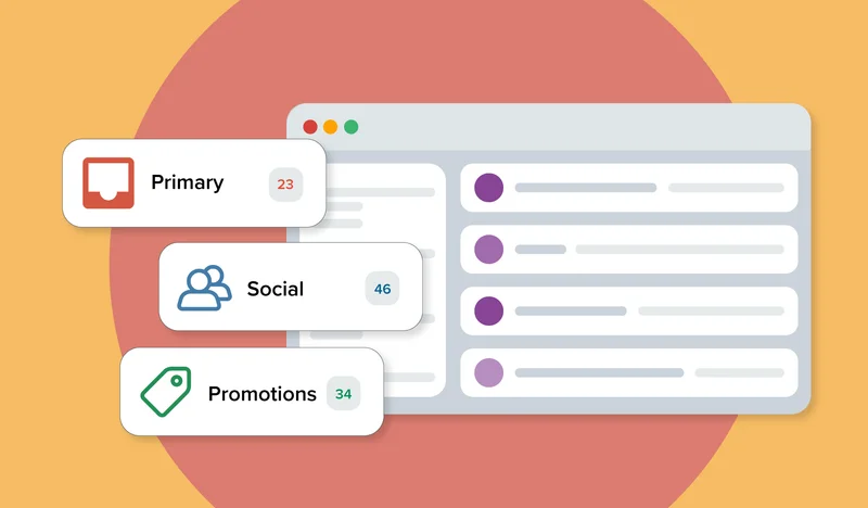A desktop email inbox showing the primary, social, and promotions folders.