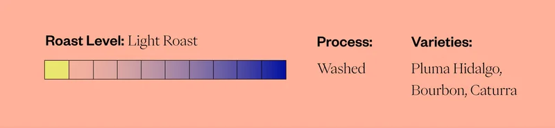 Roast Level: Light Roast Process: Washed Varieties: Pluma, Hidalgo, Bourbon, Caturra
