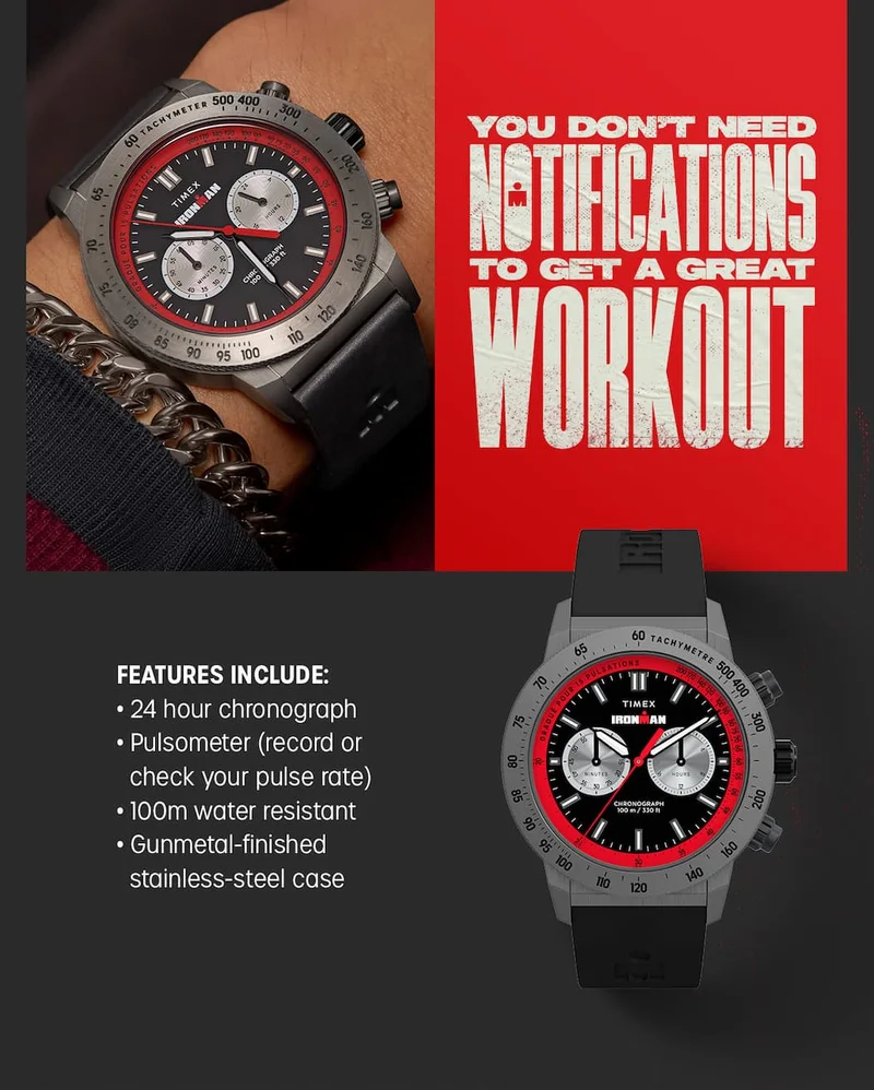 YOU DIDNT NEED NOTIFICATIONS TO GET A GREAT WORKOUT |  FEATURES INCLUDE: | 24  hour chronograph | Pulsometerr (record or check your pulse rate) | 100m water resistant | Gunmetal-finished stainless-steel case