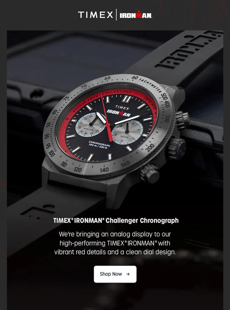 TIMEX | IRONMAN |  TIMEX IRONMAN Challenger Chronograph | We're bringing an analog display to our high-performing TIMEX IRONMAN  with vibrant red details and a clean dial design | Shop Now