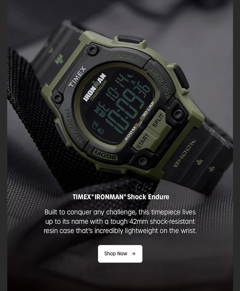 TIMEX IRONMAN Shock Endure | Built to conquer any challenge, this timepiece lives up to its name with a tough 42mm shock-resistant resin case thats incredibly lightweight on the wrist. | Shop Now