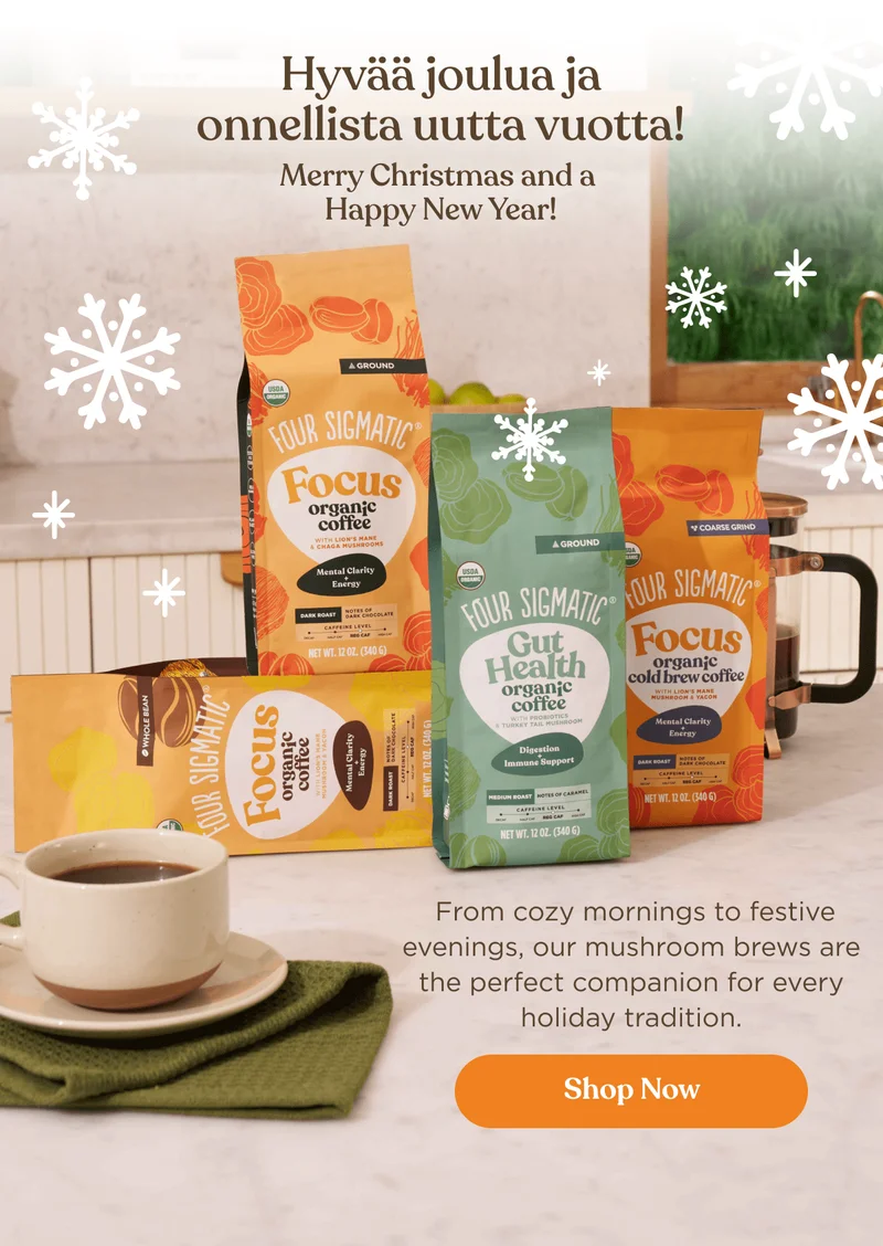 Hyvää joulua ja onnellista uutta vuotta! | Merry Christmas and a  Happy New Year! | From cozy mornings to festive evenings, our mushroom brews are the perfect companion for every holiday tradition. | Shop now