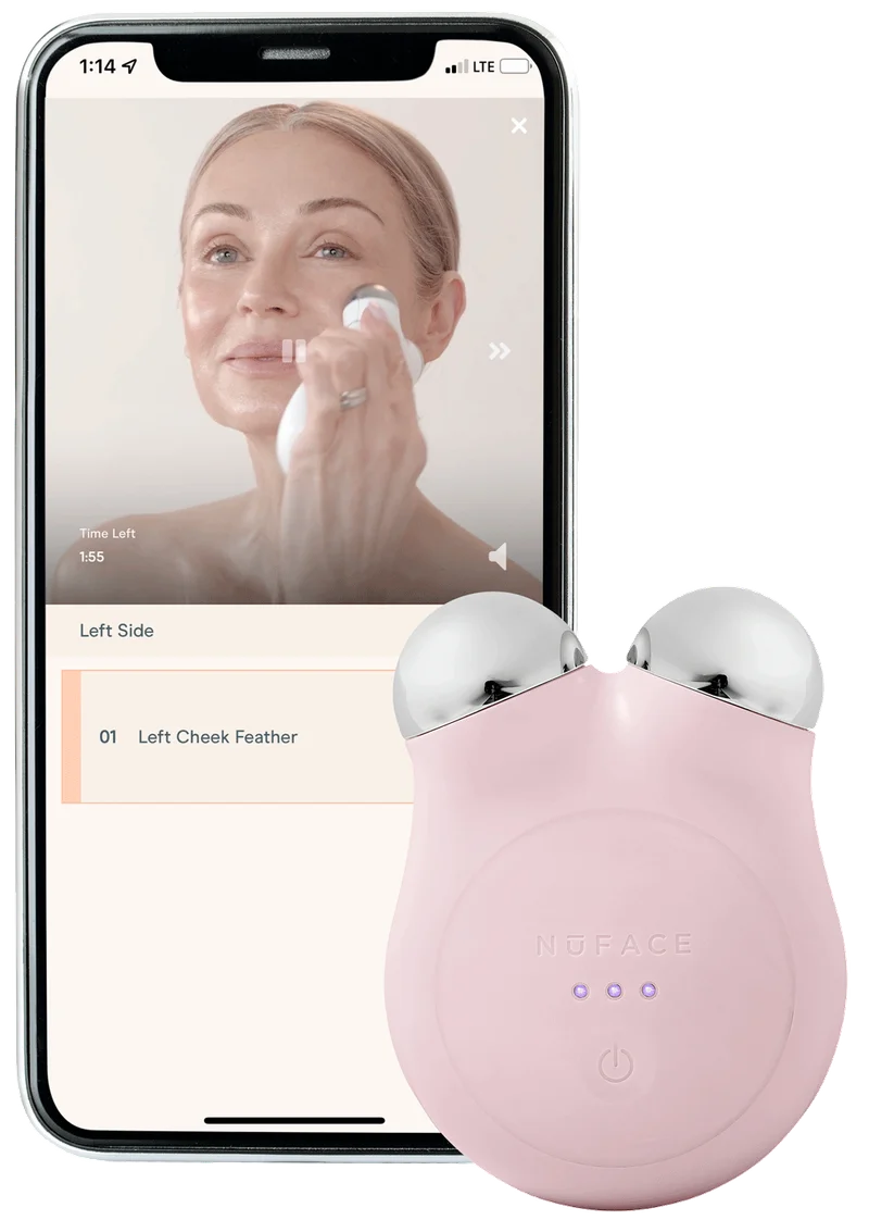 iPhone showcasing the NuFACE Smart App paired with the MINI+ Device in Sandy Rose.