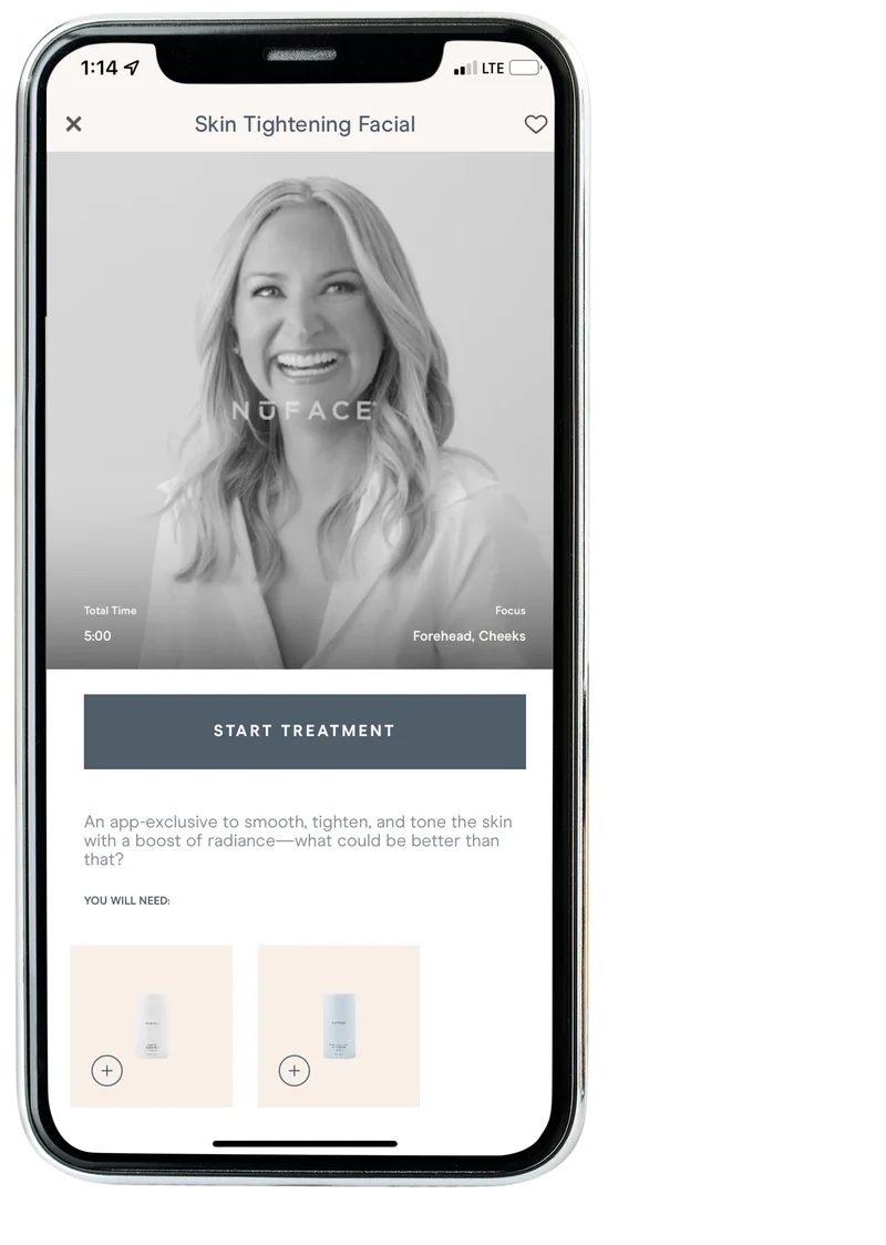 NuFACE App treatment intro shown on an iPhone screen
