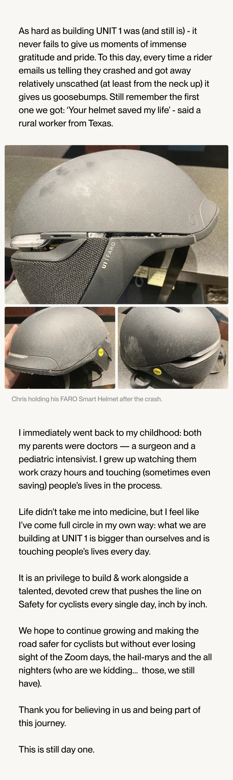 Proof on how the helmet saved a rider's life and how this first case emotionally impacted on the founder of the company.