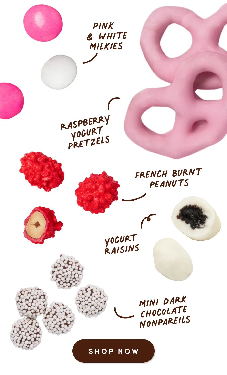 Pink & White Milkies | Raspberry Yogurt Pretzels | French Burnt Peanuts | Yogurt Raisins | Mini Dark Chocolate Nonpareils | Shop Now