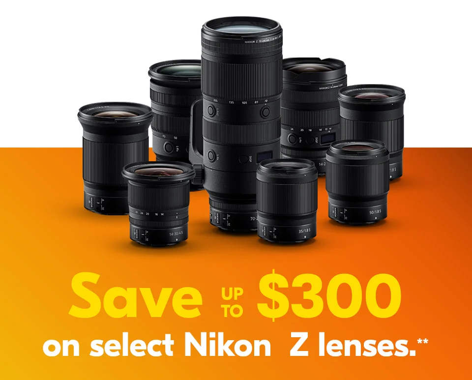 Save up to $300 on select Nikon Z lenses.**