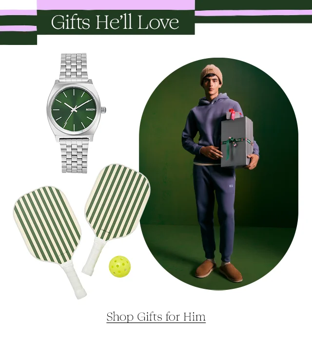 A watch and a pickleball set; a man carrying a gift box.