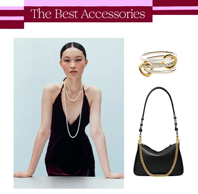 A woman in a pearl necklace and black cocktail dress; a ring and a handbag.