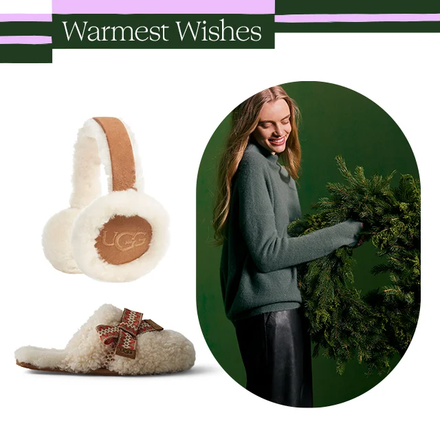 UGG earmuffs and slippers; a woman holding a wreath.