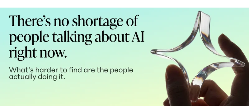A hand holds a translucent, flexible star-like object, illustrating the concept that "There's no shortage of people talking about AI right now. What's harder to find are the people actually doing it."
