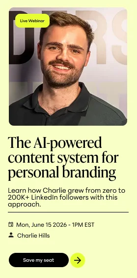 Promotional image for a live webinar featuring Charlie Hills, discussing an AI-powered content system.