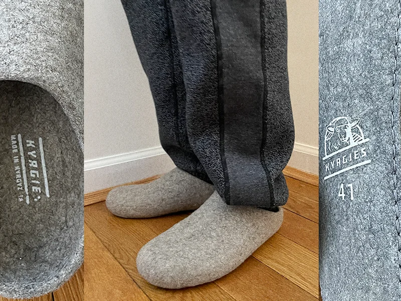 Writer Leon Hedgepeth wearing his Kyrgies wool slippers.