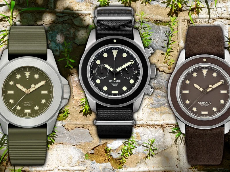 A trio of Unimatic watches available at Todd Snyder