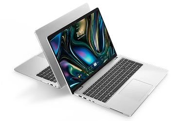 Two Dell Pro 16 Plus Laptop computers sitting back-to-back on a dark gray background.