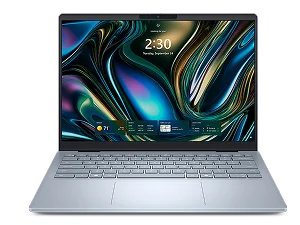 A Dell laptop computer on a dark gray background.