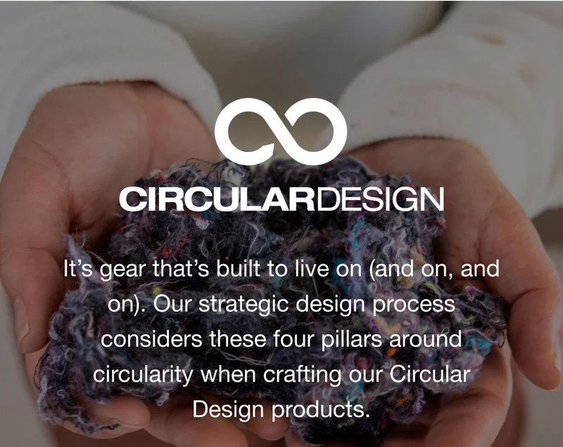 CIRCULARDESIGN  It's gear that's built to live on (and on, and  on). Our strategic design process  considers these four pillars around  circularity when crafting our Circular  Design products.