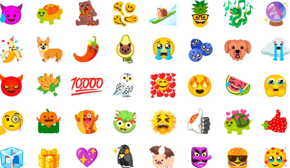 Rows of emoji against a white background. Emoji including Emoji Kitchen-created combinations like a pink devil with a tear, a turtle with a hotdog for a shell and a bear eating strawberries.