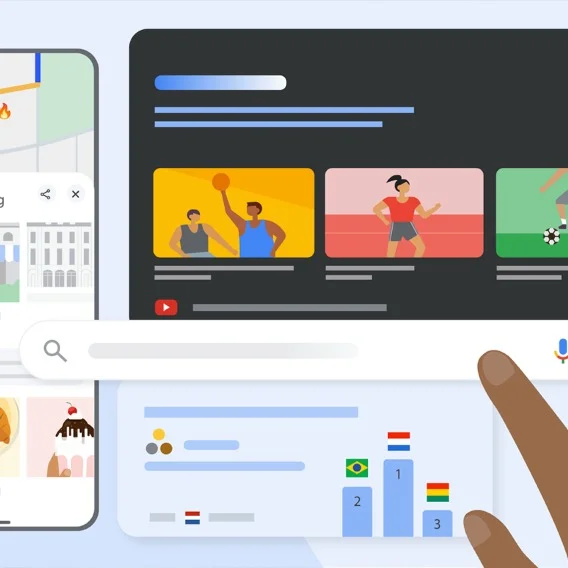 Illustration of a hand reaching out to tap a Google Search bar with various screens in the background displaying abstract sports content.