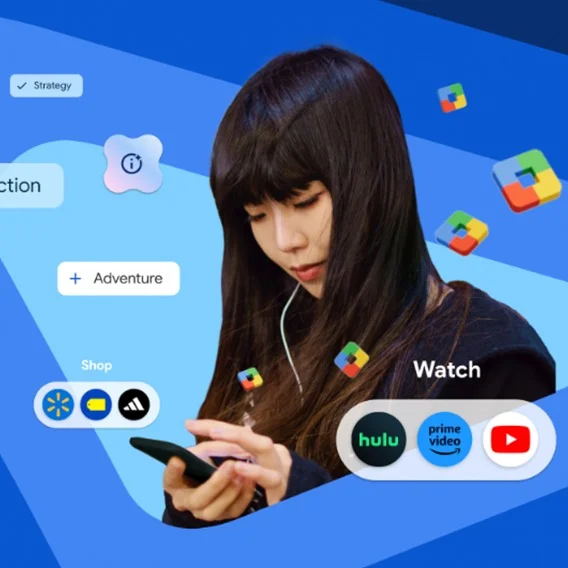 A photo of a woman holding a smartphone and looking at it while tapping the screen. This photo is placed against an illustrated blue background with various illustrated app icons scattered across the image.