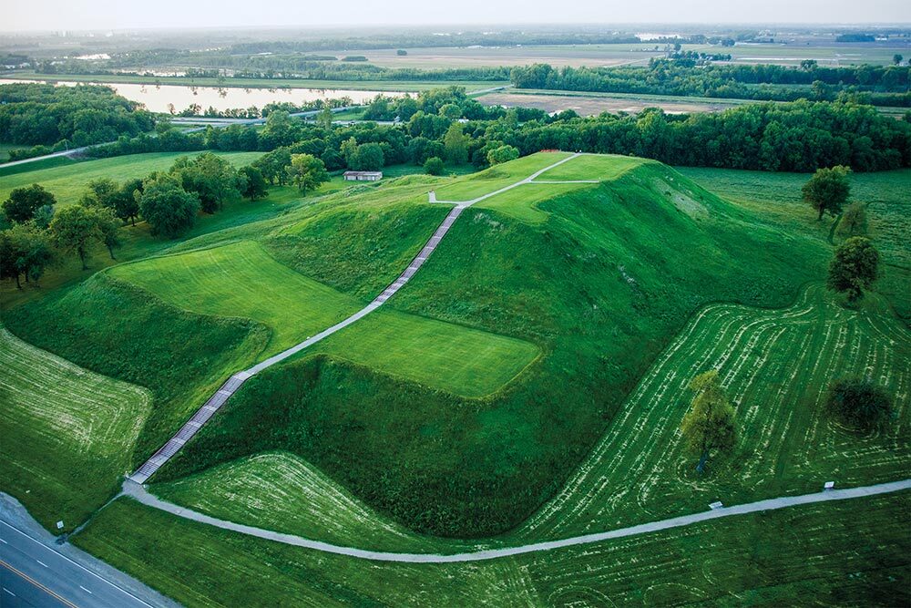 Built from an estimated 22 million cubic feet of earth and standing about 100 feet high, Monks Mound is the tallest structure at the Cahokia Mounds State Historic Site.