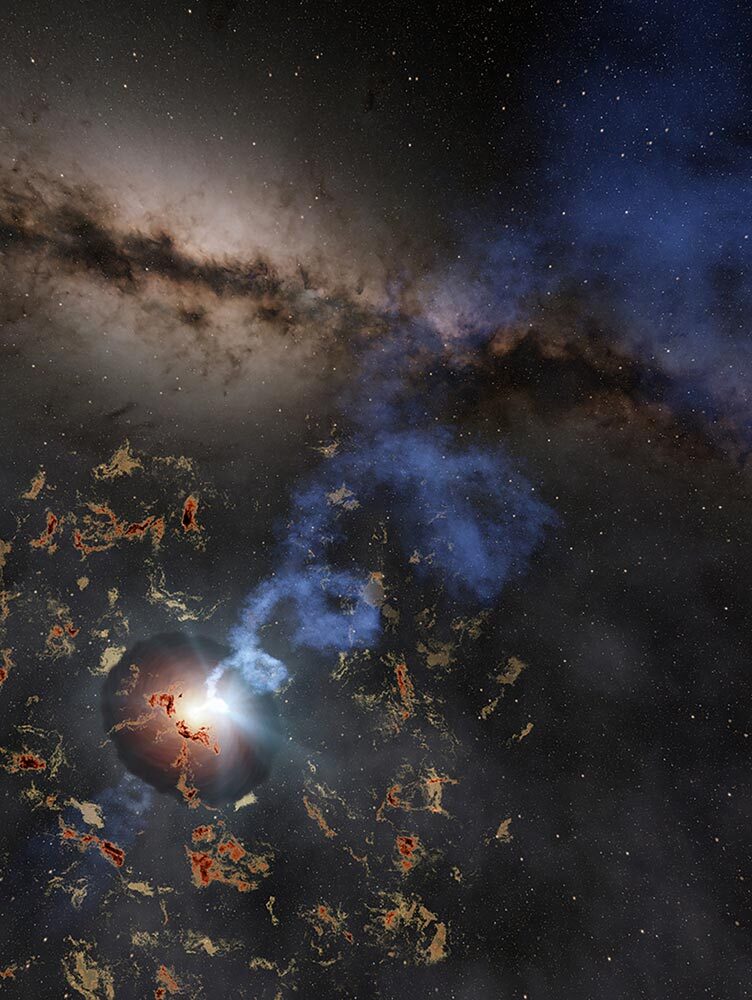 An artist’s representation of what may have caused a bright, repeating flash deep in space: a black hole accreting matter from a disk and feeding a powerful a jet.