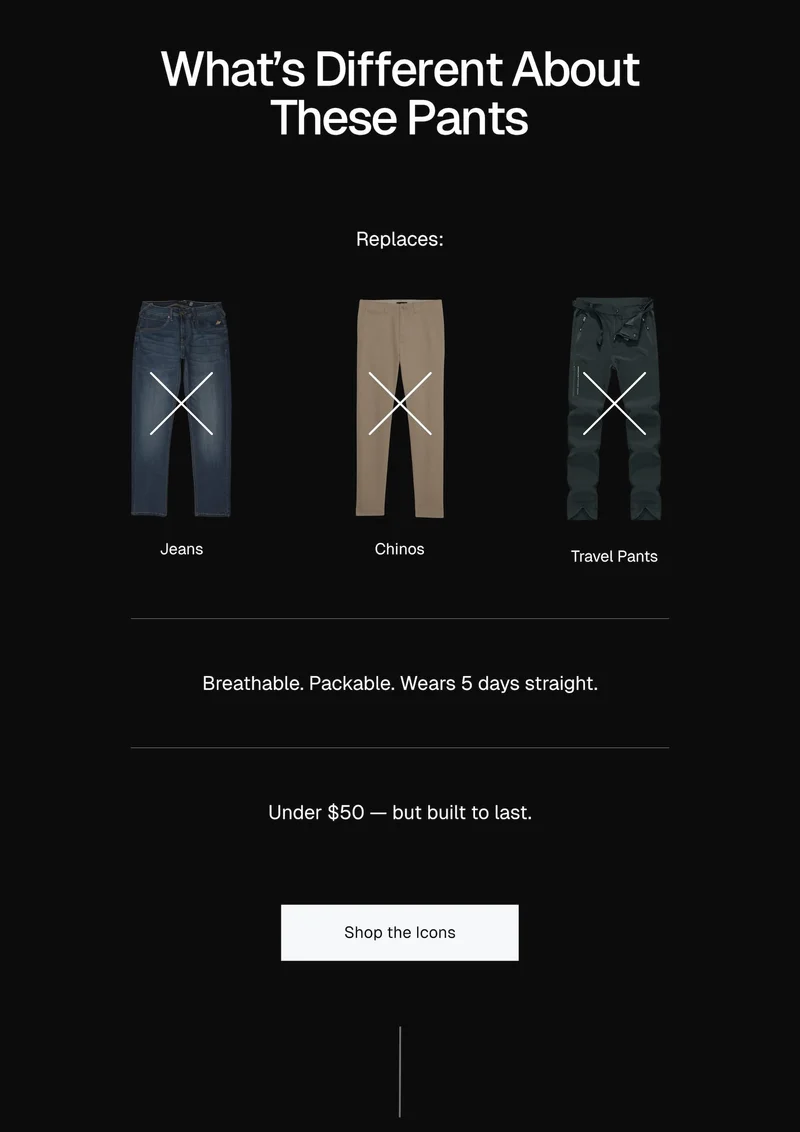 What’s Different About These Pants Replaces: jeans ✅ | chinos ✅ | travel pants ✅ Breathable. Packable. Wears 5 days straight. Under $50 — but built to last.