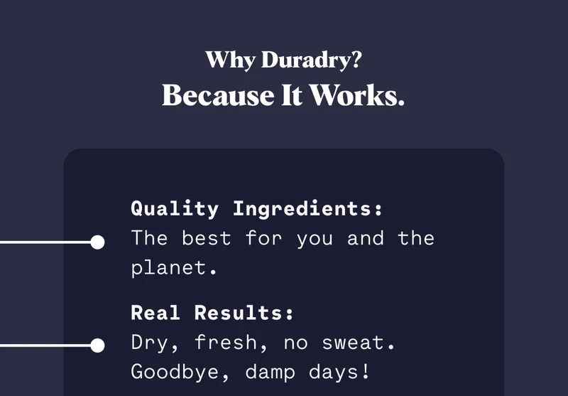 Quality Ingredients:  The best for you and the planet. Real Results:  Dry, fresh, no sweat. Goodbye, damp days!