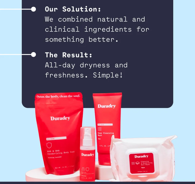 Our Solution:  We combined natural and clinical ingredients for something better. The Result:  All-day dryness and freshness. Simple!