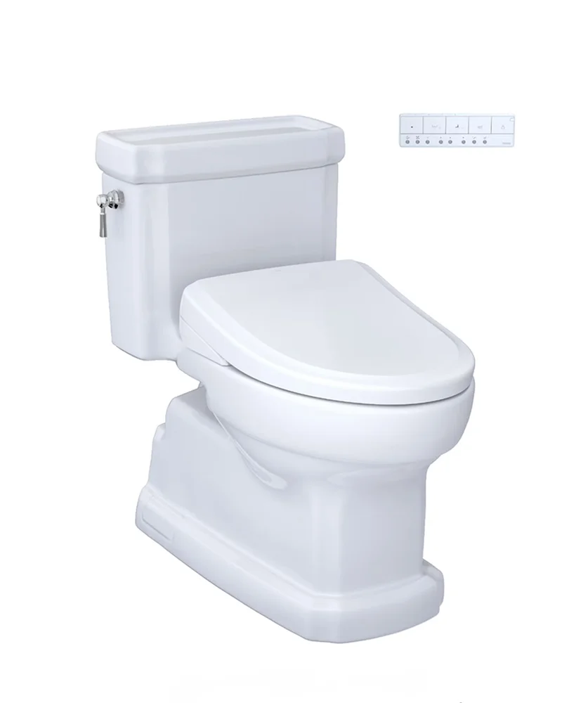 A TOTO Guinevere toilet with an S7A WASHLET attached is displayed in all white.