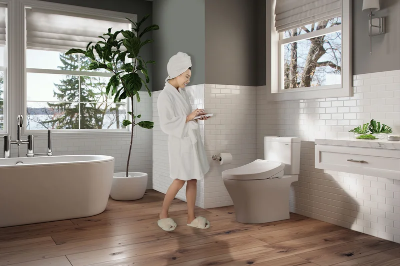 A TOTO WASHLET+ sits in an elegant sunny bathroom.