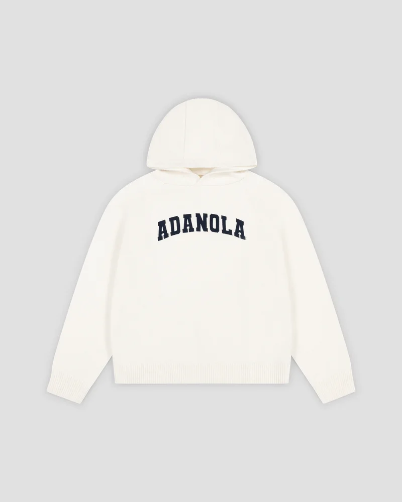 Varsity Oversized Knit Hoodie - Cream/Navy Blue