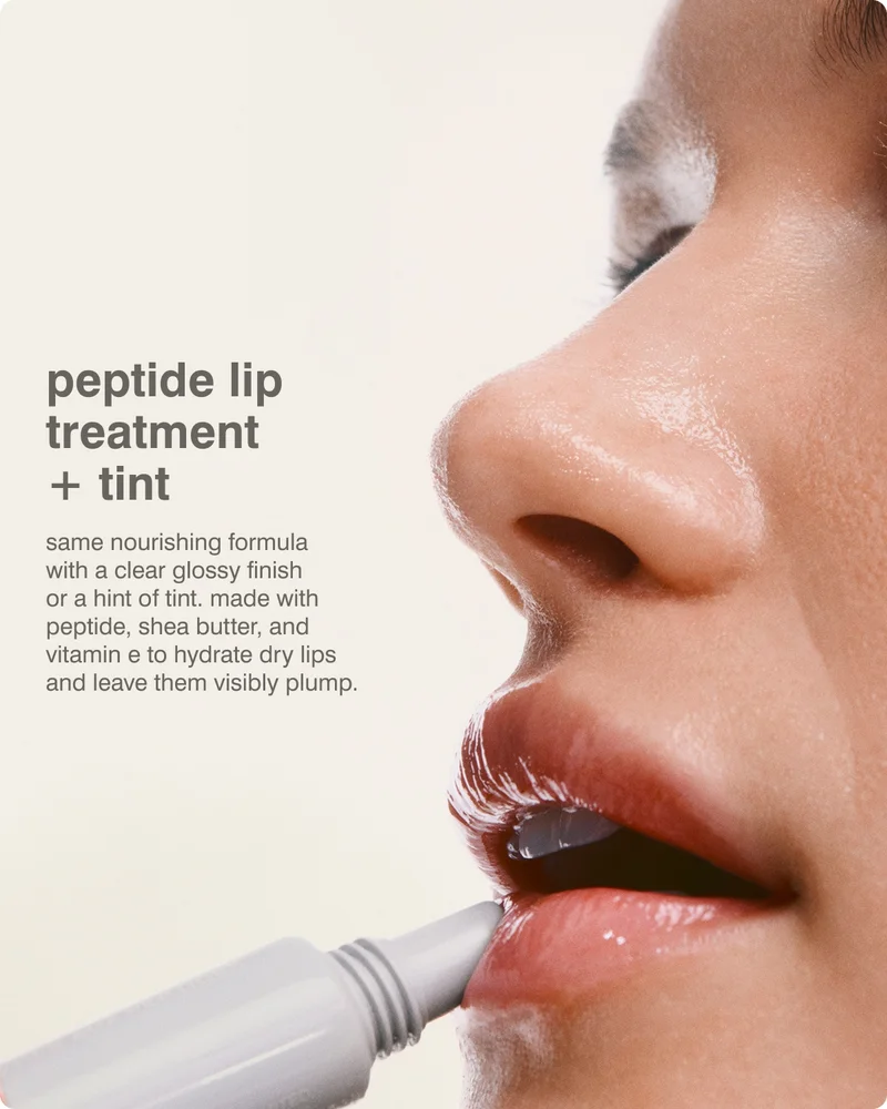 peptide lip treatment + tint Same nourishing formula with a clear glossy finish or a hint of tint. Made with Peptide, Shea Butter, and Vitamin E to hydrate dry lips and leave them visibly plump.