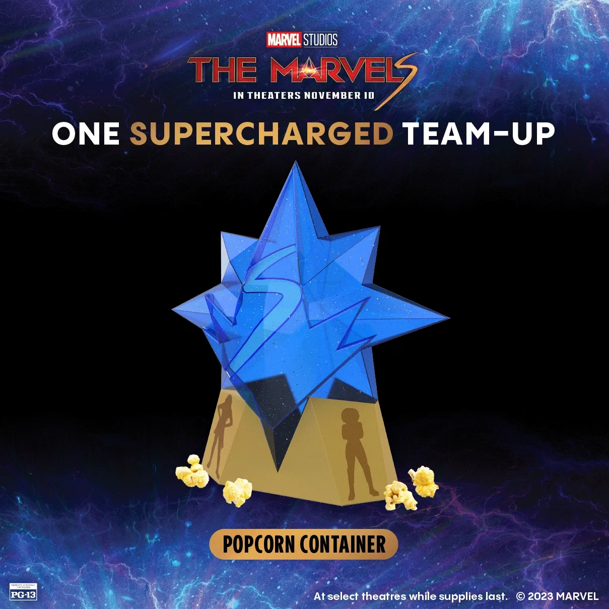 MARVEL STUDIOS THE MARVELS - ONE SUPERCHARGED TEAM-UP - POPCORN CONTAINER, CUP, LED POPCORN TUB, LED CUP, LED CUP & POPCORN COMBO
