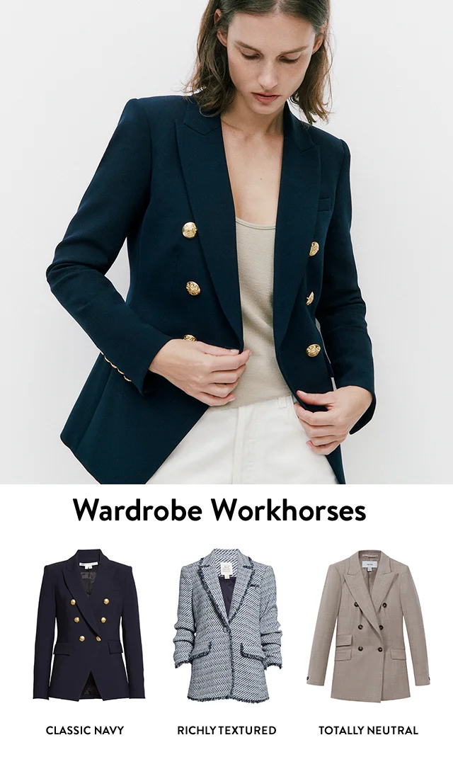 A woman wearing a double-breasted blazer with crested buttons. A navy blazer, textured blazer and neutral blazer.