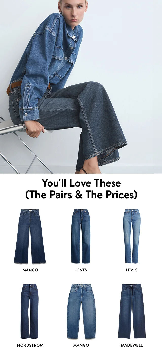 A woman wearing a denim shirt and jeans. Six pairs of jeans from MANGO, Levi's, Nordstrom and Madewell.