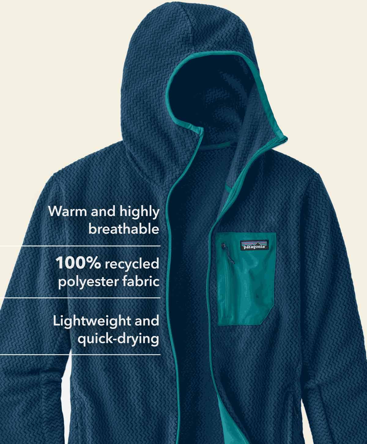The R1 Air is warm and highly breathable, made from 100% recycled polyester fabric and is lightweight and quick-drying.