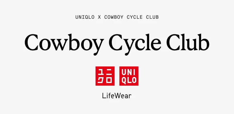 A graphic composition. Text set in two lines reads "UNIQLO X Cowboy Cycle Club" and "Cowboy Cycle Club", followed by the Uniqlo logo and brand statement "LifeWear"