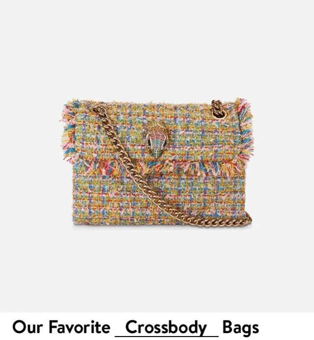 A tweed crossbody bag, denim shoulder bag, quilted tote, woven crossbody bag and pink shoulder bag.