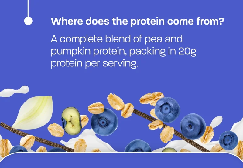 Where does the protein come from?   A complete blend of pea and pumpkin protein, packing in 20g protein per serving.
