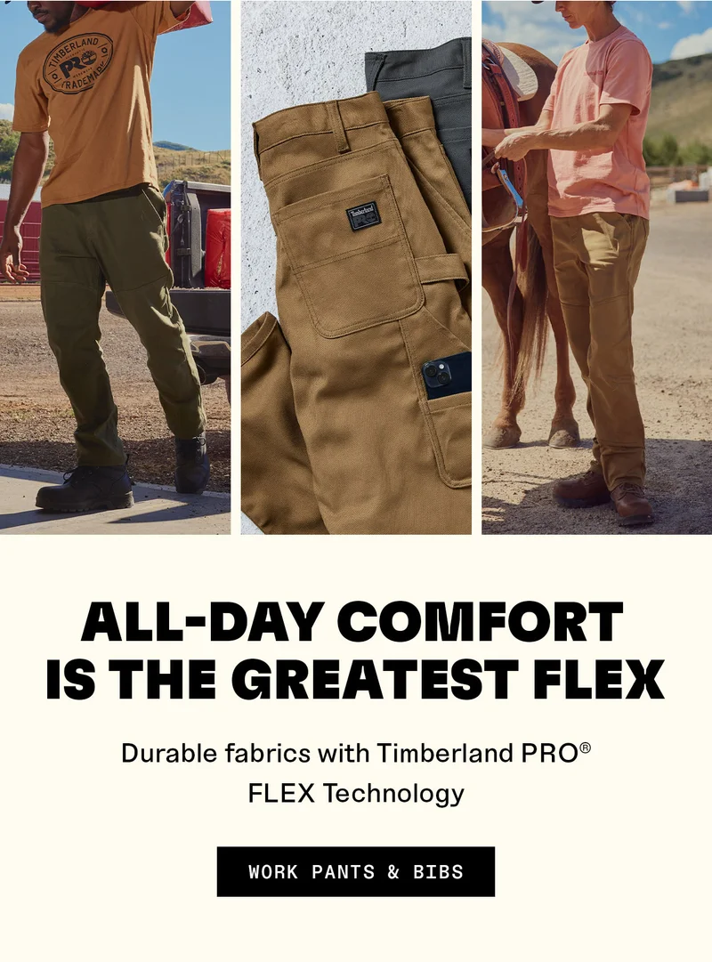 ALL-DAY COMFORT IS THE GREATEST FLEX. Durable fabrics with Timberland PRO® FLEX Technology