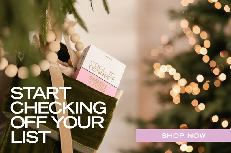 box of connection cards hanging in velvet stocking in front of tree with twinkling lights. Text reads 'start checking off your list'