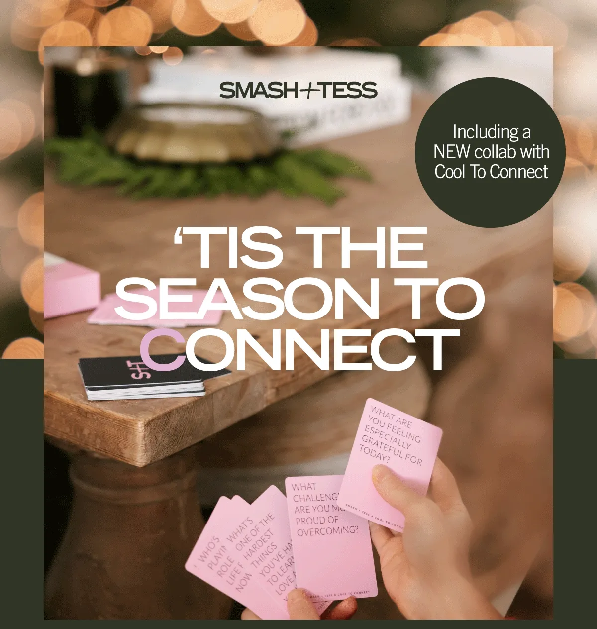 hands with pink connection cards and text 'tis the season to connect